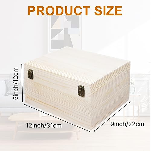 Unfinished Wooden Box 12x9x5 Inch Natural Wood Storage Box | Large Craft Stash Boxes, Hinged Lid Front Clasp Case, DIY Keepsake Art Hobbies Jewelry Organizer, Plain Memory Trunk