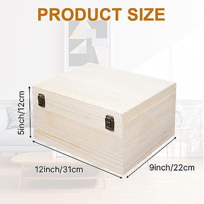 Unfinished Wooden Box 12x9x5 Inch Natural Wood Storage Box | Large Craft Stash Boxes, Hinged Lid Front Clasp Case, DIY Keepsake Art Hobbies Jewelry Organizer, Plain Memory Trunk