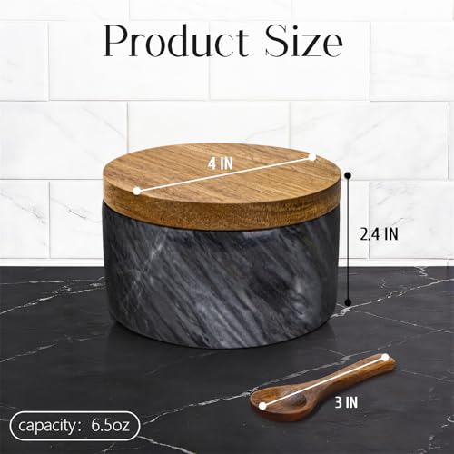 Marble Salt Cellar with Lid & Spoon, Salt Container, Salt Holder | Acacia Wood Lid, Wide Base with Non-Skid Feet, Moisture Proof Spice Cellars Keeps Salt, Pepper & Spices Dry, 6 oz (Grey) - color: Grey