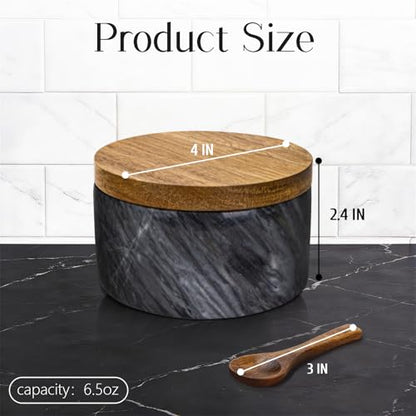 Marble Salt Cellar with Lid & Spoon, Salt Container, Salt Holder | Acacia Wood Lid, Wide Base with Non-Skid Feet, Moisture Proof Spice Cellars Keeps Salt, Pepper & Spices Dry, 6 oz (Grey) - color: Grey