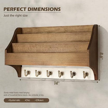 Rebee Vision Mail Organizer Wall Mounted with 3 Mail Slots, Brown&White | Pine Wood, Key Holder Wall Mount, 3-Tier Mail Holder, 6 key hooks, Wall Organizer, Hanging Letters, Entryway Storage - color: Brown&White