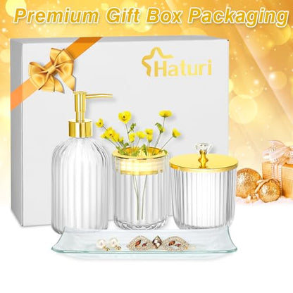 Bathroom Accessories Set, 4Pcs Clear and Gold Glass Bathroom Accessories Sets Complete w/Lotion Soap Dispenser, Toothbrush Holder, Apothecary Jar, Vanity Tray, Bathroom Decor | Kit w/ Bathroom Soap Dispenser Set, Toothbrush Holder, Qtip Holder, Vanity Tra