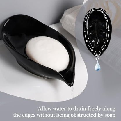 Soap Dish, Self Draining Soap Holder, Leaf Shape Ceramic Bar Soap Holder Drain Soap Dishes for Bathroom Sink Kitchen, Easy to Clean, Keeps Soap Dry, Black, ANTIS'S HOME - color: Black-1pcs-enhanced Draining