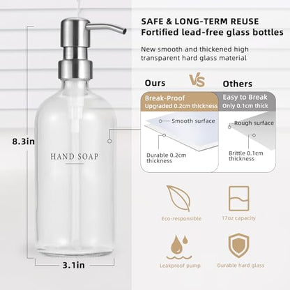 Glass Soap Dispenser - Dish Hand Soap Dispenser Set for Kitchen, Bathroom Soap Lotion Dispenser with 304 Rust Proof Pump, Tray, Clear Bottle/Silver Pump - color: Clear Bottle/Brushed Silver Pump + Tray + Funnel