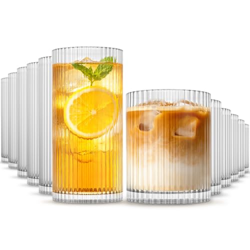 INSETLAN 12-Piece Ribbed Glassware - 6 Highball Glasses 12 oz, 6 Rocks Glass Cups 14 oz, Vintage Cocktail Drinking Glasses, Ideal for Wine, Juice, Water, Ice Coffee Cup, Whiskey, Mixed Drinkware