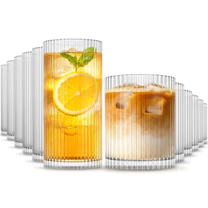 INSETLAN 12-Piece Ribbed Glassware - 6 Highball Glasses 12 oz, 6 Rocks Glass Cups 14 oz, Vintage Cocktail Drinking Glasses, Ideal for Wine, Juice, Water, Ice Coffee Cup, Whiskey, Mixed Drinkware