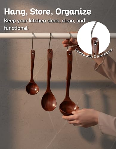 Soup Ladle - Luxury Teak Wood Ladle Set of 3 – Chef-Grade, Eco-Friendly Wooden Cooking Utensils with Reinforced Neck Joint & Anti-Slip Notch Handle – Multi-Size, Gift-Ready Ladle Spoons Set - color: Brown Teak Soup Ladle Set