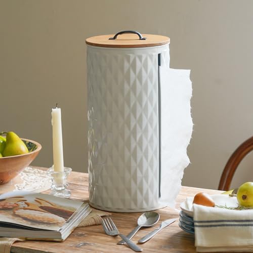 Metal Paper Towel Holder, Weighted Base with Suction Cups | Embossed with Wooden Lid, Easy Tear Roll Dispenser for Kitchen Counter, Bars, Dining Tables - color: Diamond White