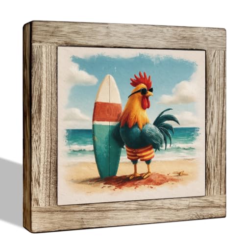 Summer Surfing Chicken Wooden Table Sign, Coastal Beach Decor for Living Room or Kitchen, Fun Animal Beach House Style, Wooden Plaque for Home, Chicken Lovers 5.9x5.9 Inches - color: Summer 30