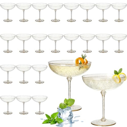 LemonRoad 24 Pcs Detachable Martini Glasses 9oz Disposable Plastic Coupe Cocktail Dessert Glassware Set for Champagne Wine Wedding Birthday Holiday Party Supplies (Transparent Gold Powder) - color: Transparent Gold Powder
