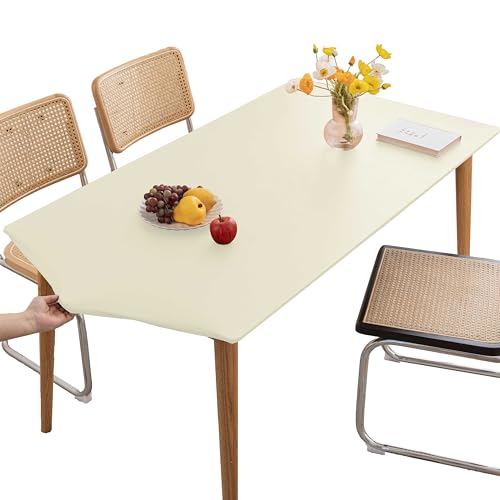 PU Stretch Fitted Rectangle Tablecloth with Elastic Edge 24 x 47 Inch Waterproof Oil Proof Table Cloth Wipeable Table Cover for Indoor Outdoor Furniture Protect (Cream,24"x47") - color: Cream, size: 47" x 24" (Rectangular)