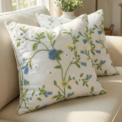Blue Yellow Green Floral Embroidered Pillow Covers 20x20 Set of 2 | 3D Raised Tufted Wildflower Bird Embroidery, Thick Colorfast Cotton Canvas, All-Season Decor For Couch Bed Boho Farmhouse - color: Blue Green Yellow, size: 20" x 20" (Pack of 2)