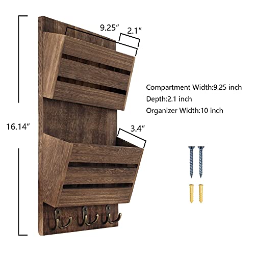 Unistyle Mail Organizer with 4 Hooks, Rustic Brown Wall Mount, Cedar Wood Key Holder for Letters, Magazines, Keys, Dog Leashes - color: Brown