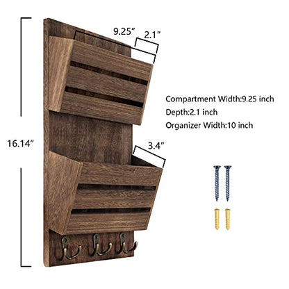 Unistyle Mail Organizer with 4 Hooks, Rustic Brown Wall Mount, Cedar Wood Key Holder for Letters, Magazines, Keys, Dog Leashes - color: Brown