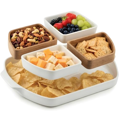 Chip and Dip Serving Set - Ceramic Wooden Serving Platter with 4 Seperable Compartments - Divided Serving Tray for Tacos, Appetizers, Veggies - Sectional Relish Tray for Parties