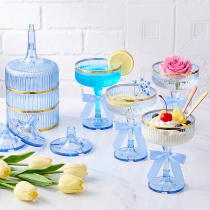 Mifoci 24 Sets 10oz Plastic Martini Coupe Cup with Bow Wine Charm Champagne Tower Cup With Gold Rim Cocktail Glasses for Wedding Bachelorette Birthday Outdoor Party Bar