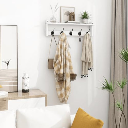 Coat Rack with Shelf Wall Mount, 24 Inch Long Wall Shelf with Hooks Underneath, Wood Hanging Coat Hanger with Hat Shelves for Entryway, Bathroom, Mudroom, White - color: White, size: 24 Inch Long