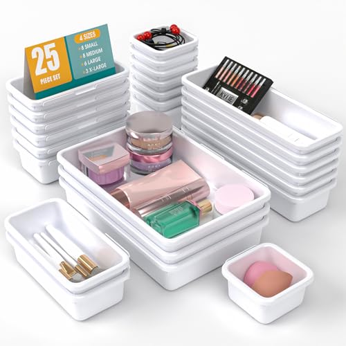 25 PCS Drawer Organizer Set, 4 Size Makeup Drawer Divider Organizer With Non-Slip Pads, Interlocking Plastic Storage Bins for Office,Jewelry Vanity,Gadgets, Bathroom,Kitchen, White - color: White, size: 25Pack