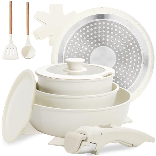 Numola 10 pcs Pots and Pan Set Non Stick with Detachable Handle, White | Non Stick, Detachable, Stackable, Dishwasher ＆ Oven Safe