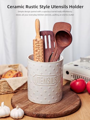 GDCZ Ceramic Utensil Holder 7 Inch, Utensil Crock for Countertop (White) | Large 7" Capacity, Sturdy Countertop Tool Organizer, Durable Ceramic, Embossed Utensils - color: White