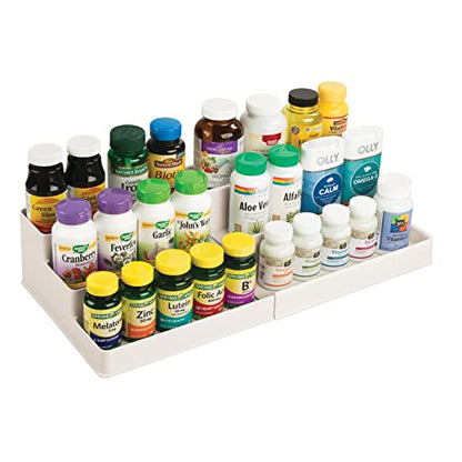 mDesign Plastic Expandable 3-Tier Shelf Rack Organizer - Storage for Bathroom Vanity, Cabinet, Cupboard, Drawer - Holds Medicine, Vitamins, Supplements, Cosmetics - Ligne Collection - Cream/Beige - color: Cream