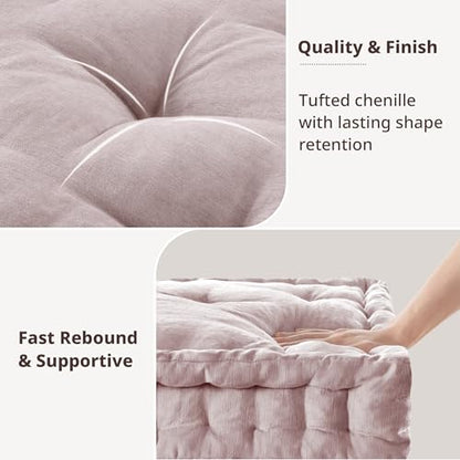 Intelligent Design Floor Pillow Meditation Cushion, 20x20 Blush | Sitting for Adults Yoga, Shredded Foam Filled, Chenille Tufted Cover, Handsewn Scalloped Edge, OEKO-TEX Certified - color: Blush