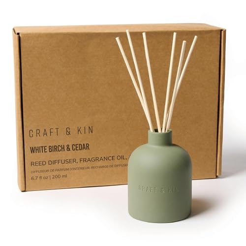 Craft & Kin White Birch & Cedar Reed Diffuser – Earthenware Collection, 6.7 oz – Alcohol-Free Essential Oil Diffuser for Home & Bathroom – Long-Lasting Fragrance Sticks – Ceramic Room Decor