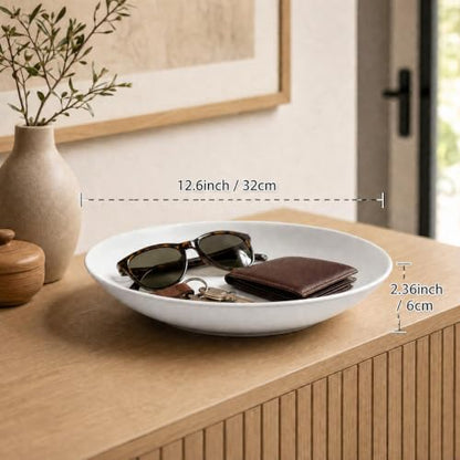 hjn 12.6 Inch Large Ceramic Decorative Bowl, Versatile Catchall Tray for Fruit, Keys, Jewelry, Coins, Elegant White Glazed Centerpiece for Kitchen Counter, Entryway Table, Coffee Table or Nightstand