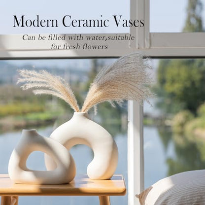 COTYNI White Ceramic Vase Set of 2 for Modern Home Decor, Round Matte Donut Vases for Pampas Grass, Boho Nordic Minimalism Style Modern Flower Vases for Living Room Table Bookshelf Office Bedroom