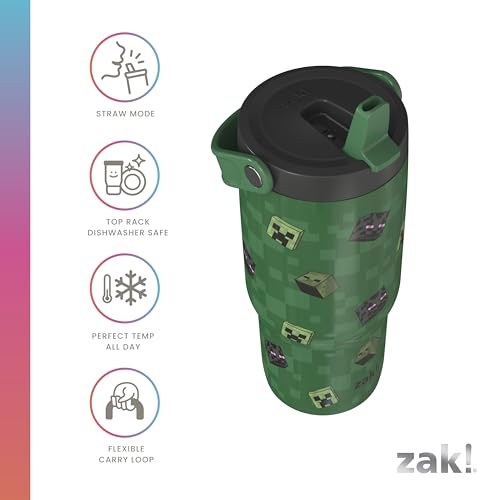Zak Designs Minecraft Siply 20oz Leak-Proof Flip-Up Straw Insulated Tumbler | BPA Free, Stainless Steel, Handle, Cupholder Friendly, Dishwasher Safe, Kids Water Bottle, Reuseable For School, Home, Travel - color: Minecraft