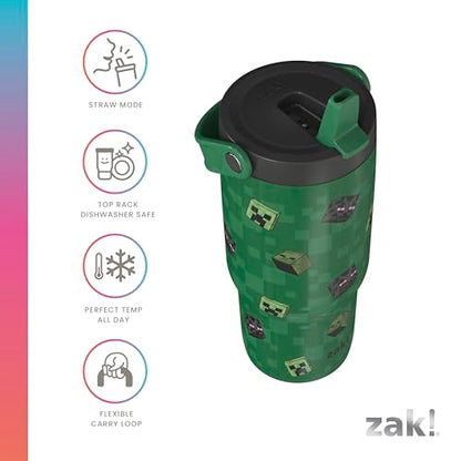 Zak Designs Minecraft Siply 20oz Leak-Proof Flip-Up Straw Insulated Tumbler | BPA Free, Stainless Steel, Handle, Cupholder Friendly, Dishwasher Safe, Kids Water Bottle, Reuseable For School, Home, Travel - color: Minecraft