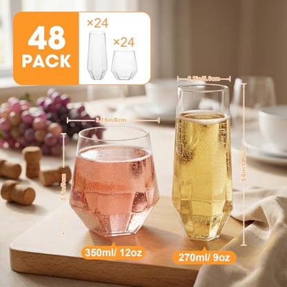 Remerry 48 Pack Stemless Plastic Wine Glasses 9 oz & 12 oz Disposable Champagne Flutes Cups Shatterproof Toasting Cocktail Glasses for Weddings, Bars, Events(Clear Diamond) - style: Clear Diamond