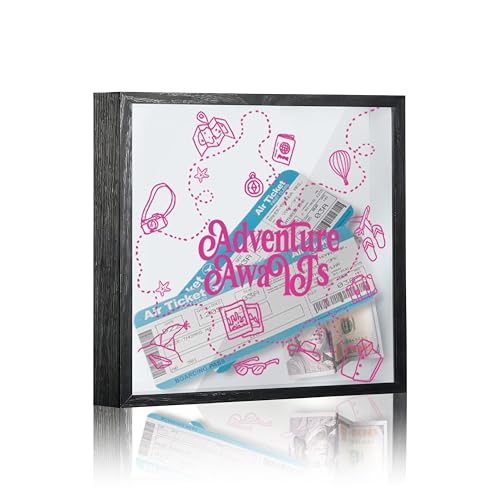 Travel Fund Box, 8×8 Adventure Awaits Shadow Box Frame with Slot, Piggy Bank Money Saving Decoration for Graduation Bridal Shower, Pink Travel Lines Themed Memory Keepsake Gift -A06 - size: 8×8 pink adventure awaits