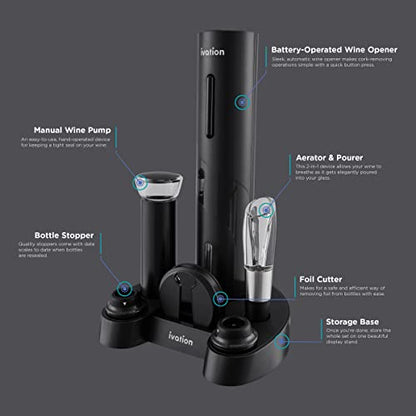 Ivation 7-Piece Wine Gift Set, Electric Opener, Aerator Pourer, Pump, Stand | Ideal for dinner parties, tastings, and everyday entertaining at home; keeps every accessory in one place.