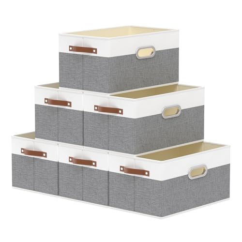 Yawinhe Collapsible Fabric Storage Bins,15.0x9.8x8.3in,White/Grey,6-Pack | Foldable Storage Baskets for Shelves, Closet Boxes for Organization, Washable Closet Organizer for Towels, Canvas Bins - color: White/Grey, size: 15.0x9.8x8.3inch(6-Pack)