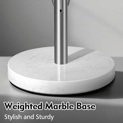 YIGII Heavy Marble Base Paper Towel Holder Countertop - Standing Paper Towel Roll Holder with Weighted Base, Papertowel Holder for Kitchen, White Marble - style: Silver & White Marble