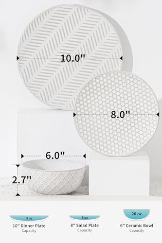 FOBENTA 18 Piece Embossed Dinnerware Sets for 6, Scratch-Resistant Plates and Bowls Sets, Microwave & Dishwasher Safe, Elegant Stoneware for Family Gatherings – A Gift for Growing Households - size: Service for 6 (18pcs)