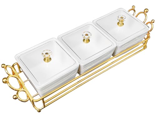 YA JU Ceramic Bowls and with Lid Gold Basket Trays, 3 Removable Small Bowls Condiment Trays Nut Serving Set for Snacks, Fruits, Candy and Condiments - Great for Parties, Holiday Gifts, White - color: White 3 Removable snack Bowls