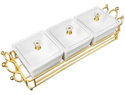 YA JU Ceramic Bowls and with Lid Gold Basket Trays, 3 Removable Small Bowls Condiment Trays Nut Serving Set for Snacks, Fruits, Candy and Condiments - Great for Parties, Holiday Gifts, White - color: White 3 Removable snack Bowls