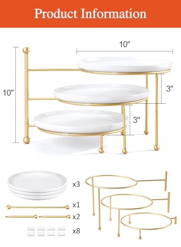 Tiered Serving Tray for Party, 10 Inch Dessert Display Stand, Gold | 3*Porcelain Durable Round Serving Plates, Microwave/Dishwasher Safe, Elegant Display, Wedding/Tea/Party serving - color: Gold