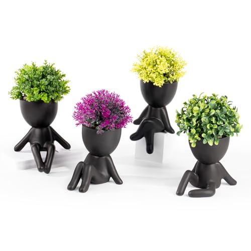Zerzsy 4 Pack Cute Small Fake Plants with Creative Human Shaped Pots, Fake Plants Artificial Greenery Potted for Home Decor Indoor Shelf Desk Tabletop (Black) - color: Black-4pcs