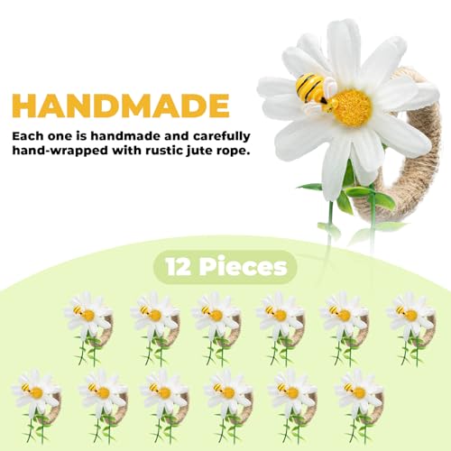 Bee and Daisy Napkin Rings, Set of 12 | White Flower Napkin Holders for Spring Parties, Weddings, Dinner Tables and Bee-Themed Table Decor
