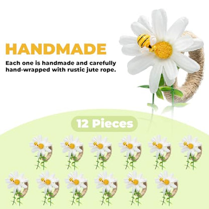 Bee and Daisy Napkin Rings, Set of 12 | White Flower Napkin Holders for Spring Parties, Weddings, Dinner Tables and Bee-Themed Table Decor