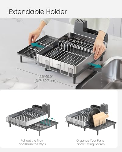 SONGMICS Large Dish Drying Rack, Expandable Dish Dryer for Kitchen Counter, Stainless Steel Dish Rack with Rotatable Spout, Utensil, Cup, Glass, Cutting Board, Pan Holders, Silver and Gray UKCS037G01 - color: Silver + Gray, size: 19.9"D x 19.1"W x 8.9"H