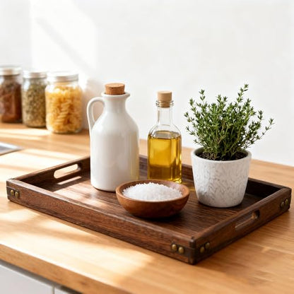 Wood Serving Tray with Handles,Farmhouse Wooden Tray for Ottoman,Decorative Serving Trays Platter for Breakfast in Bed,Lunch,Dinner,Appetizers,Patio, Coffee Table, BBQ,Party,Lap &Couch(16 Inches)