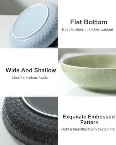 HASENSE Ceramic Pasta Bowls, 42 OZ Ceramic Salad Bowl Set of 4, Large Serving Plate Bowls,Embossment Stoneware Wide and Shallow Pasta Plates for Fruits, Noodle,Colorful - color: Colorful