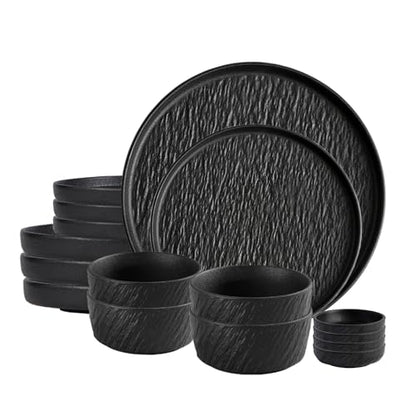 AOSIFIEL Ceramic Dinnerware set for 4, 16 pcs, Dish set for 4, Plates and Bowls Sets Porcelain, Dishware Sets Stoneware Dinner Plates Sets Platos de Cocina Vajilla - color: Black Rock-Textured（16pcs）