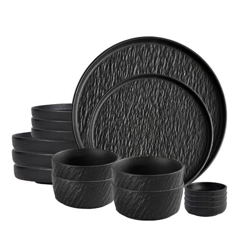 AOSIFIEL Ceramic Dinnerware set for 4, 16 pcs, Dish set for 4, Plates and Bowls Sets Porcelain, Dishware Sets Stoneware Dinner Plates Sets Platos de Cocina Vajilla - color: Black Rock-Textured（16pcs）