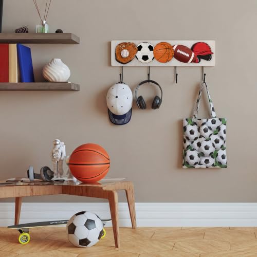 Wood Sports Coat Rack with 4 Hooks Basketball Baseball Football Soccer Wall Mounted Coat Hooks Decor Ball Sports Theme for Home Entryway Playroom Hats Keys Towels - style: Ball Theme