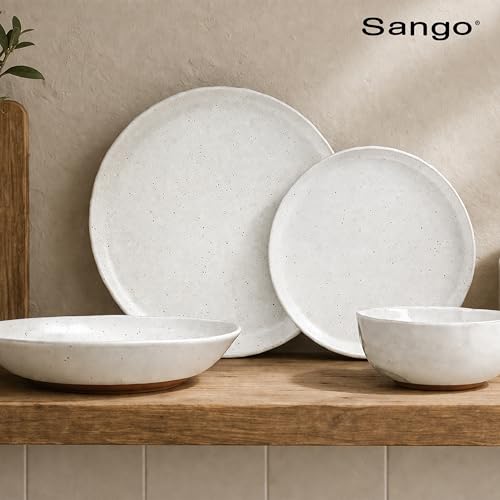 Sango 16-Piece Boho Farmhouse Stoneware Dinnerware Set for 4, Semi-Matte White Plates and Bowls Sets with Rustic Speckled Glaze, Ceramic Dish Set, Modern Dishes, Microwave & Dishwasher Safe, Kaya - color: White